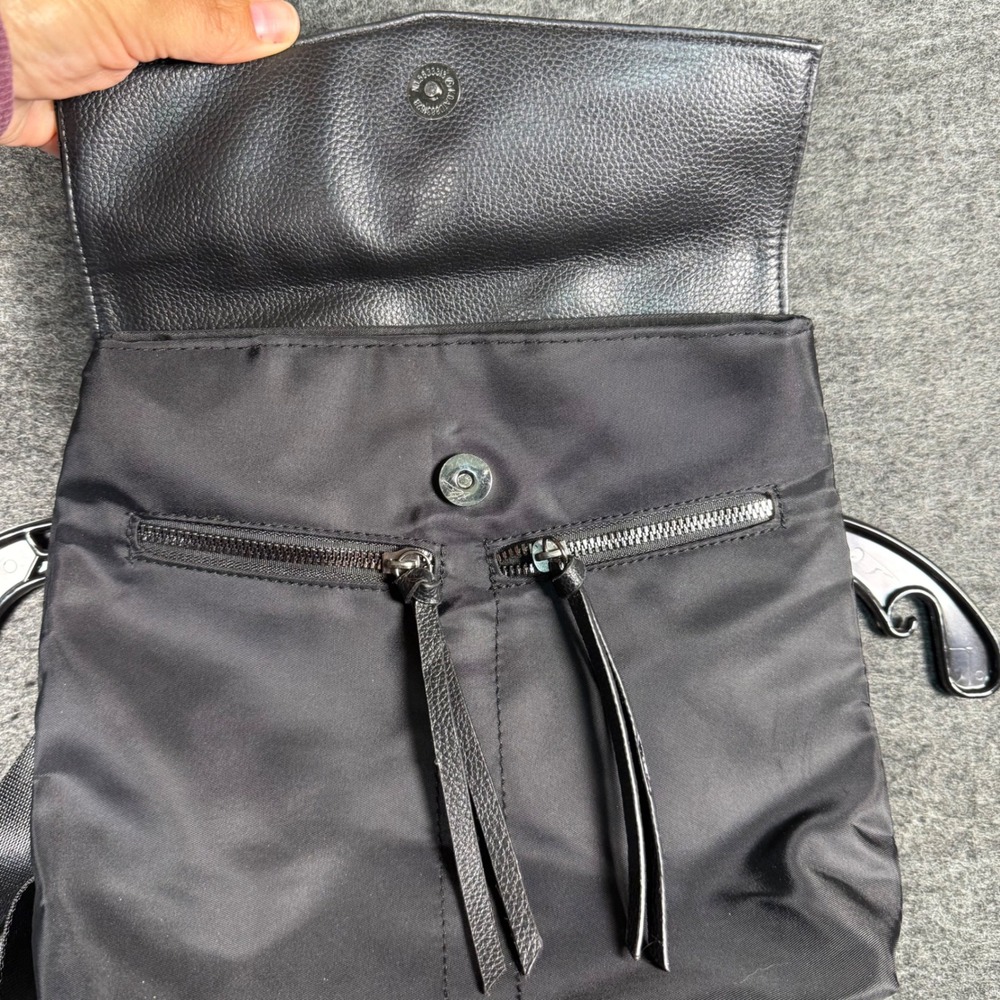 Botkier New York Black Nylon Leather Trim Logo Strap Moto Backpack NWT - Picture 2 of 5